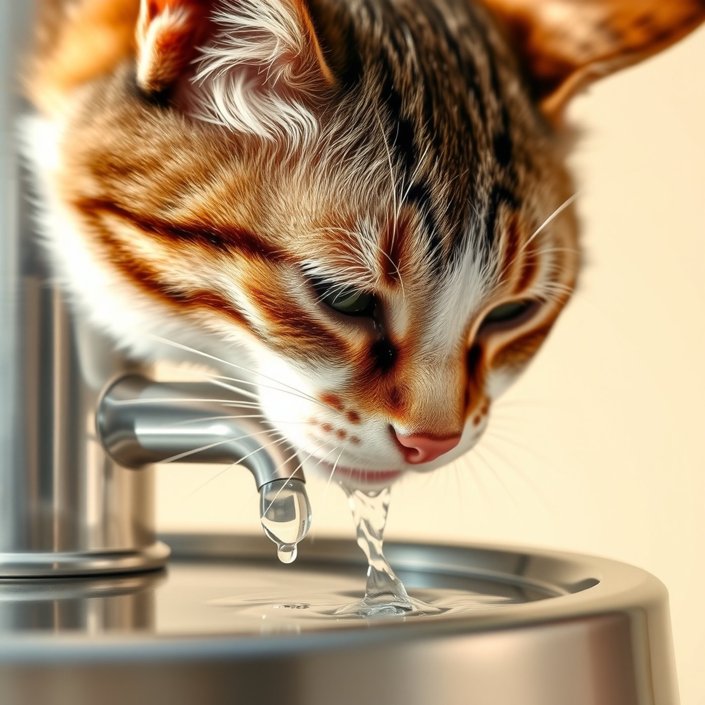 A cat drinking from the spout